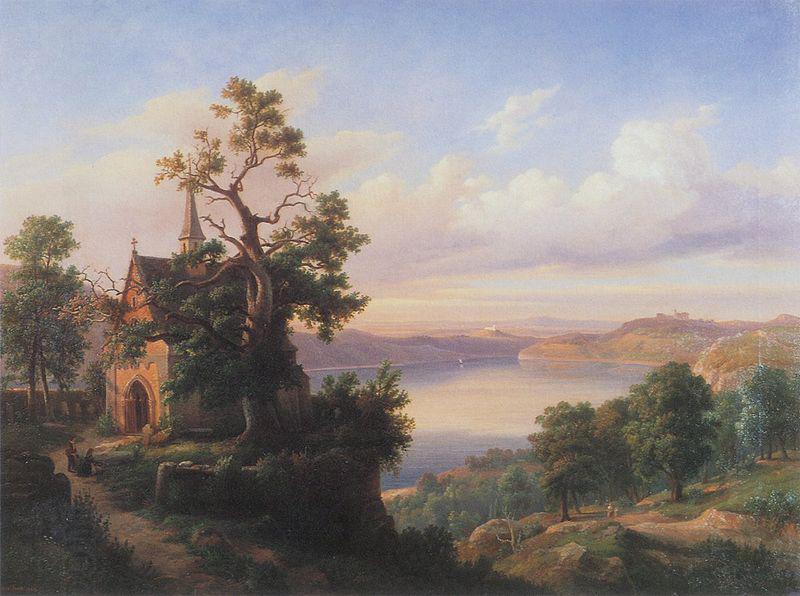 unknow artist Landscape with a lake and a gothic church. oil painting picture